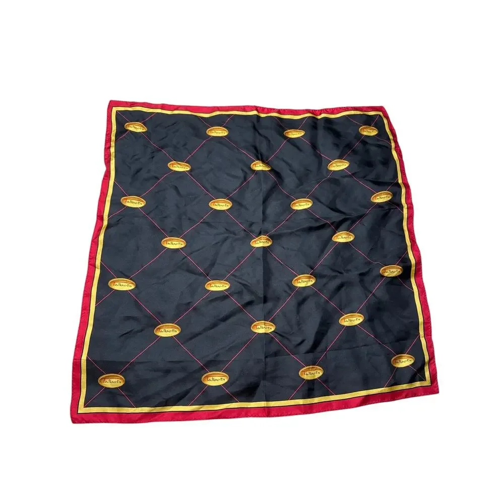 Vintage Talbots 100% Silk Black Square Head Scarf Red Gold Yellow Classy Graphic